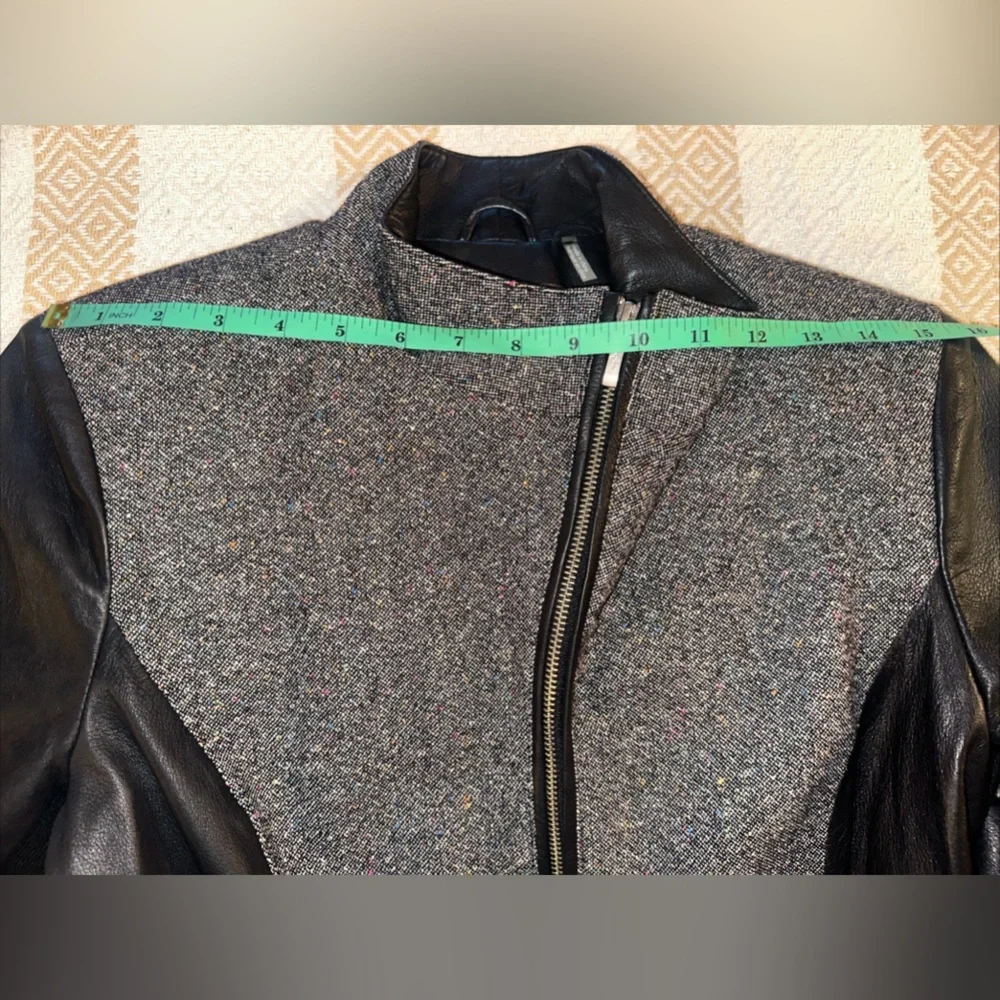 Cole Haan Sz 10 Gray Black Lambskin Leather Wool Blend Tweed Full Zip Jacket - Picture 11 of 14